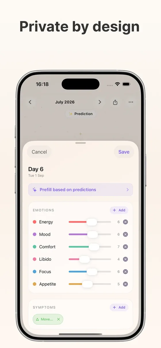 Moonwave symptom tracking screen on iPhone
